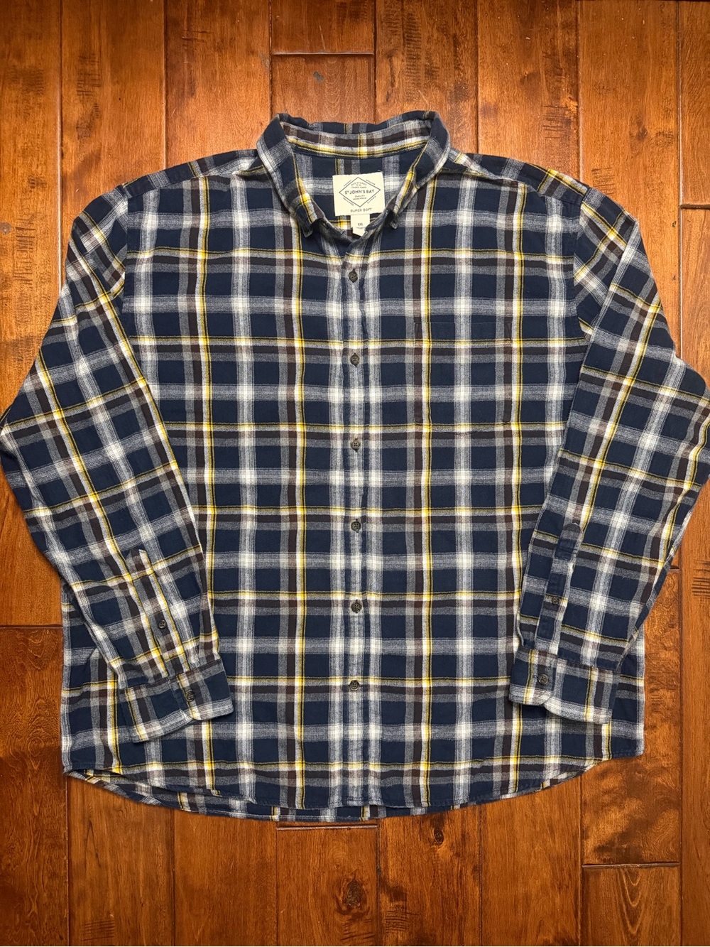 St. John's Bay Navy, White & Yellow Plaid Button-Down Shirt